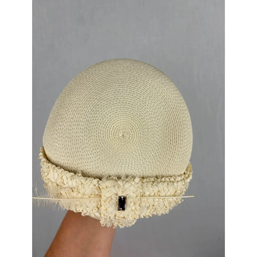 Vintage Cream Straw Pillbox Hat Feather Gemstone Detail Formal Church Wedding